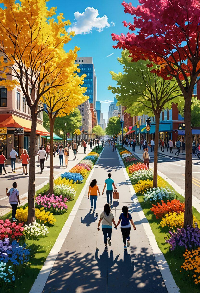 A lively, colorful city scene showcasing diverse people actively engaging in community activities, with large, joyful thumbs-up symbols in the background. Trees and flowers bloom vibrantly around the bustling streets, highlighting collaboration and positivity. A sunlit sky reflects an optimistic atmosphere, encouraging unity and involvement. super-realistic. vibrant colors. 3D.