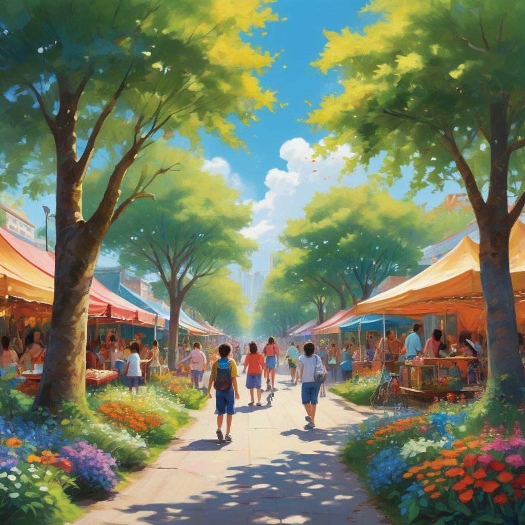 A lively city scene showcasing diverse community members engaged in joyful activities: children playing in a park, people sharing food at a street fair, and colorful murals depicting happiness. Emphasize smiles and a sense of togetherness, with trees and flowers adding a vibrant touch. The sky should be a bright blue to convey positivity. cheerful illustration. vibrant colors. sunny background.